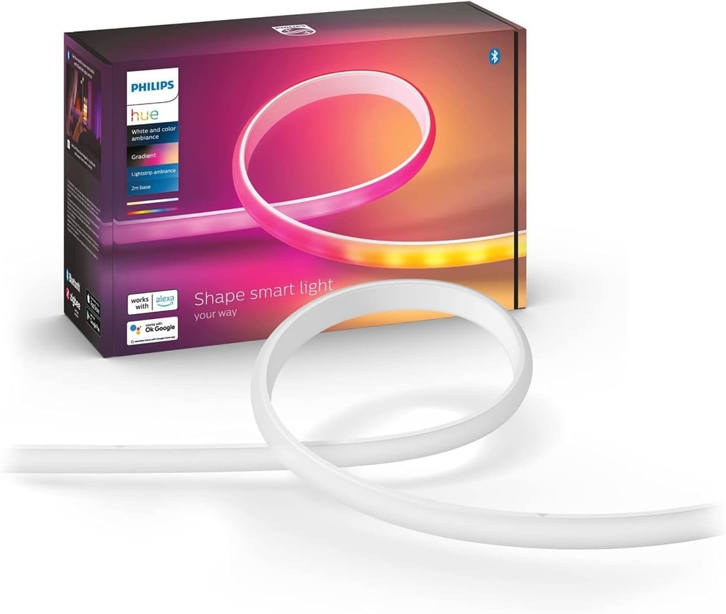 Set de baza pentru banda LED Philips Hue White & Color Ambiance Gradient Lightstrip (2 m), banda LED reglabila pentru sistemul de iluminat Hue cu 16 milioane de culori si gradiente de culoare, control inteligent al luminii prin voce sau aplicatie