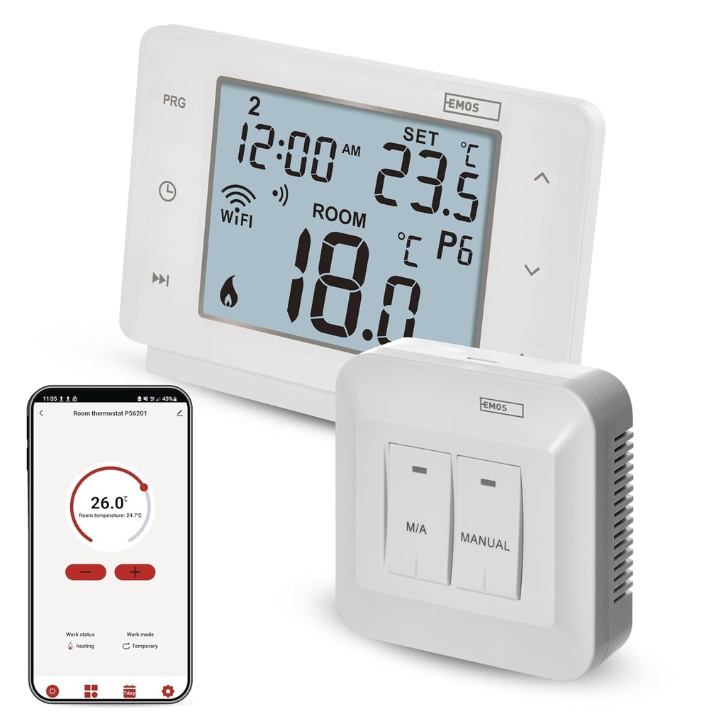EMOS GoSmart - Termostat inteligent de camera cu aplicatie - WiFi - Termostat IP pentru sisteme de incalzire si racire - Economisire energie - Compatibil cu Tuya, Google Assistant si Alexa - Wireless - Alb