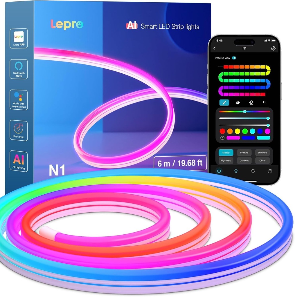 Banda LED Neon Lepro 6m, Banda LED Neon cu Control prin Aplicatie, Sincronizare Muzica si Control Vocal, Functioneaza cu Alexa si Google Assistant, Banda Luminoasa RGB Flexibila pentru Sufragerie, Gaming, Petrecere si Decorare Perete