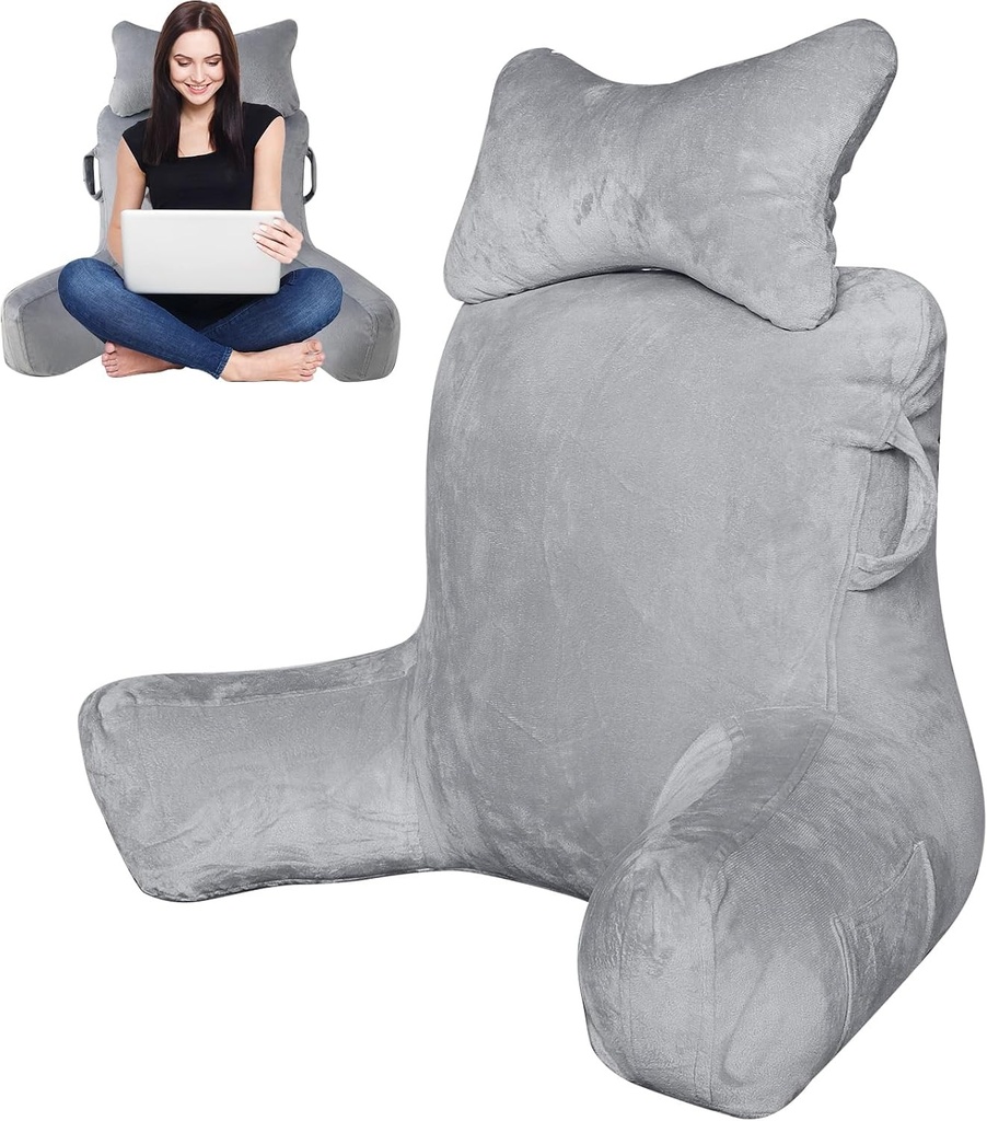 Perna de citit Suewidfay pentru adulti, 90x80cm (LxI) perna de spate extra mare pentru citit cu rola de gat detasabila si brat de sustinere, perna de citit confortabila pentru pat, canapea sau spatar de podea
