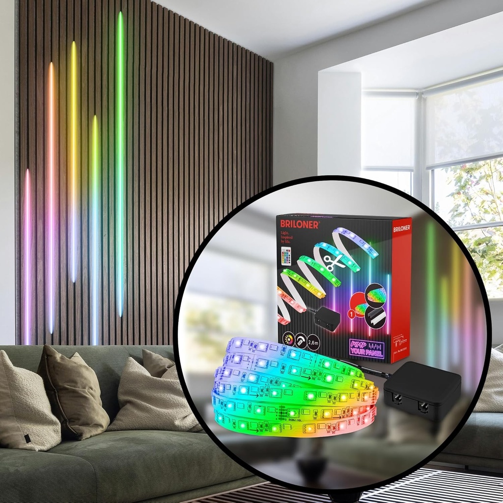 BRILONER - Set de inceput pentru banda LED Pimp your Panel, culori colorate RGB, telecomanda, banda, bara, decorare camera, banda, accesorii pentru panouri acustice, bara luminoasa, banda luminoasa, 2,6 m, alb