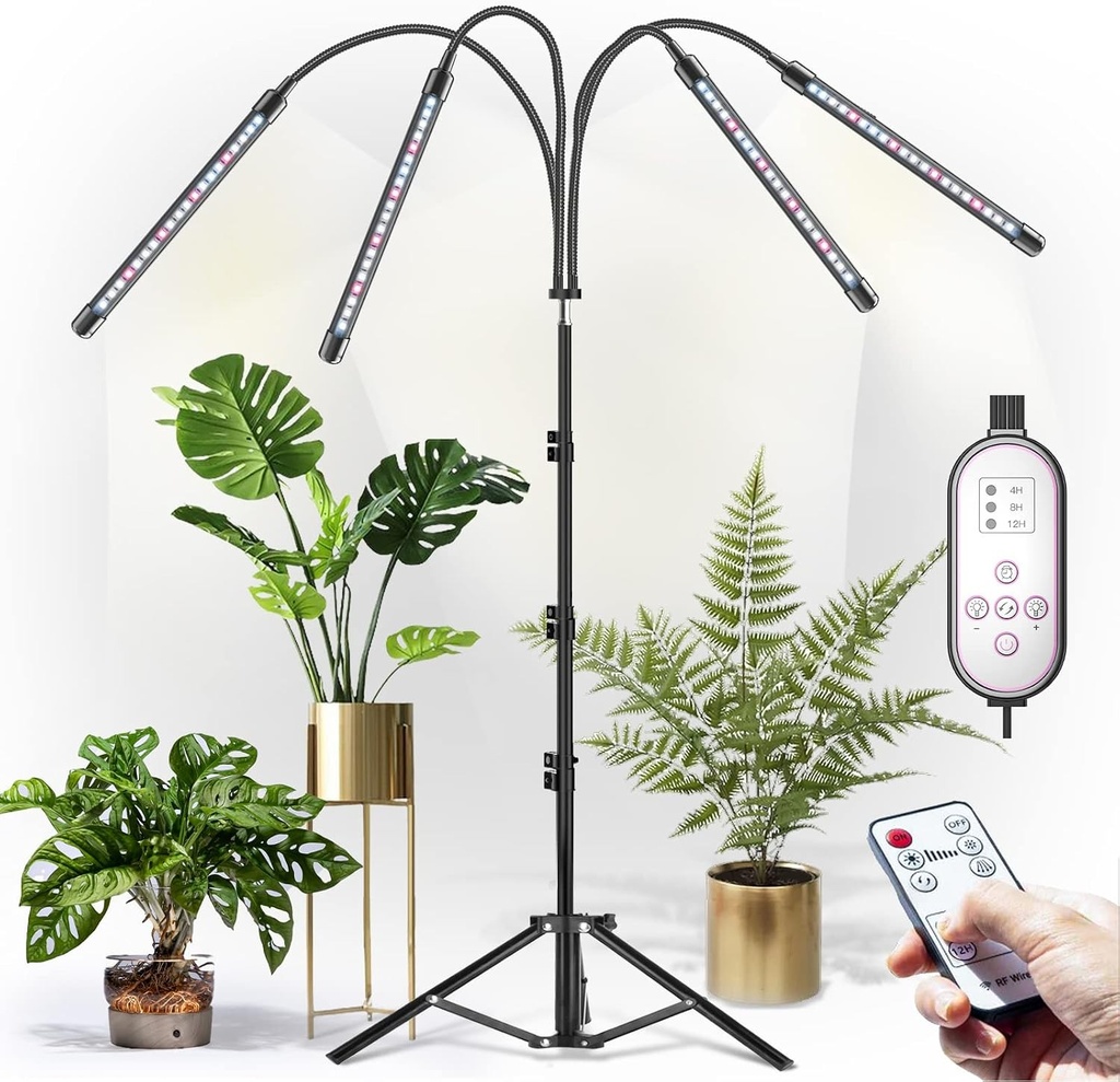 Lampa LED cu spectru complet pentru plante, cu suport, telecomanda RF si temporizare controlata prin linie 4/8/12 ore, 4 moduri de comutare si 10 niveluri de luminozitate, stabila si reglabila 40-150 cm, pentru plante de interior