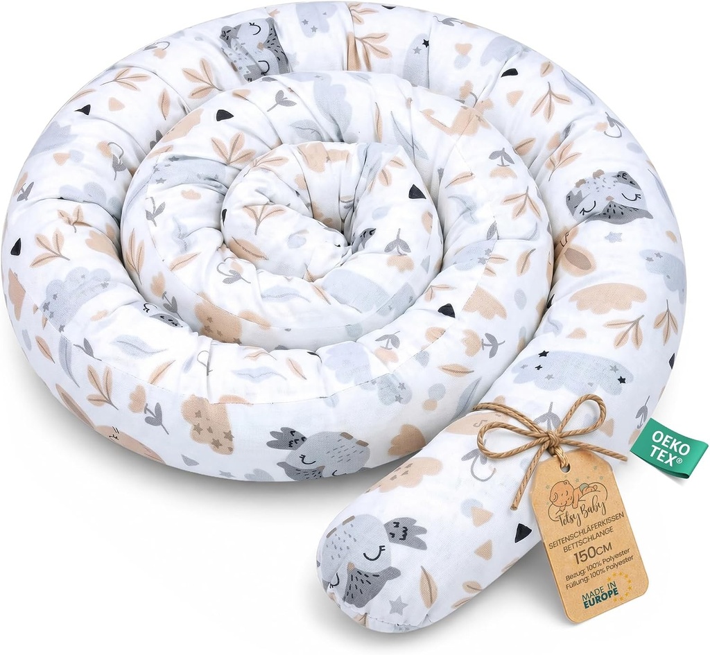 Perna de pat Totsy Baby XXL cu model sarpe, perna de alaptat, rola de pat, protectie pentru marginile patului, perna decorativa, imprejmuire pat sarpe XL, lucrata manual, gri deschis cu bufnite, 150 cm, certificat Oeko-Tex