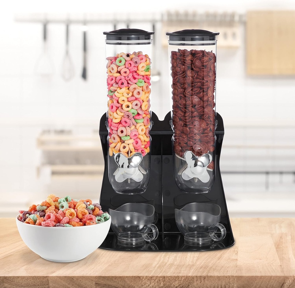 Dozator dublu de cereale Relaxdays, dozator de cereale pentru muesli, fulgi de porumb, dulciuri, dozator de gustari, plastic, negru, 1 bucata