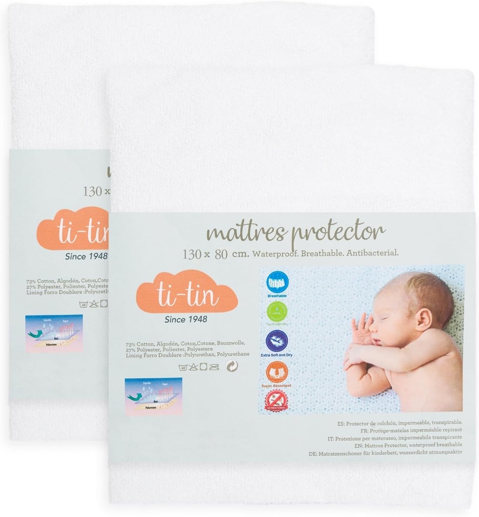 Set de 2 protectii de saltea impermeabile si respirabile pentru patut 130x80 cm, din bumbac moale, elastice, antibacteriene si lavabile