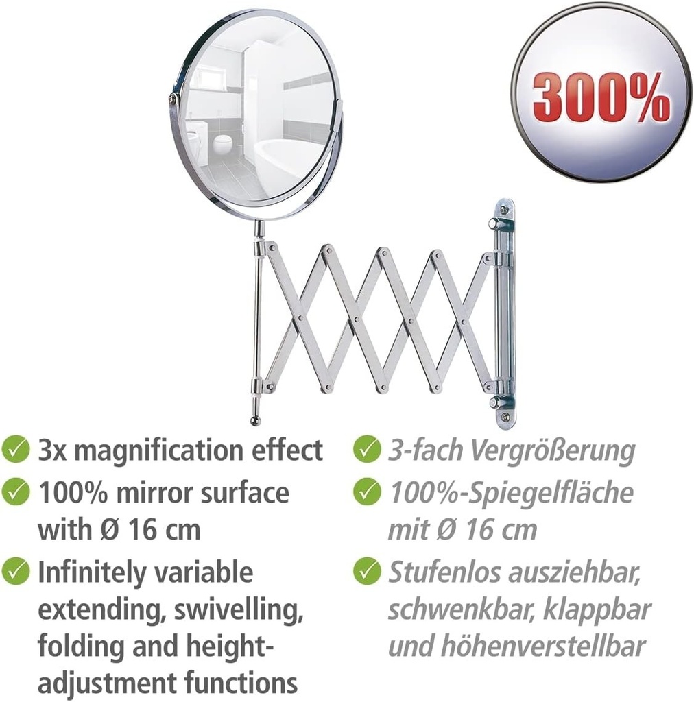 Oglinda cosmetica de perete telescopica WENKO Exclusive, oglinda cosmetica cu marire de 3x, extensibila continuu, pivotanta, reglabila pe inaltime, oglinda: Ø 16 cm, 19 x 38,5 x 50 cm, cromata