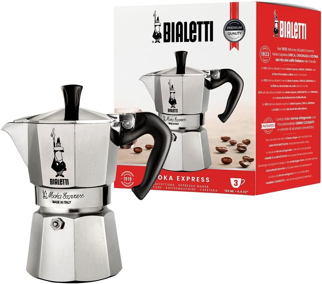 Bialetti - Moka Express: Espressorul emblematic, Cafea italiana autentica, Cafetiera cu 3 cani (130 ml), Aluminiu, Argintiu