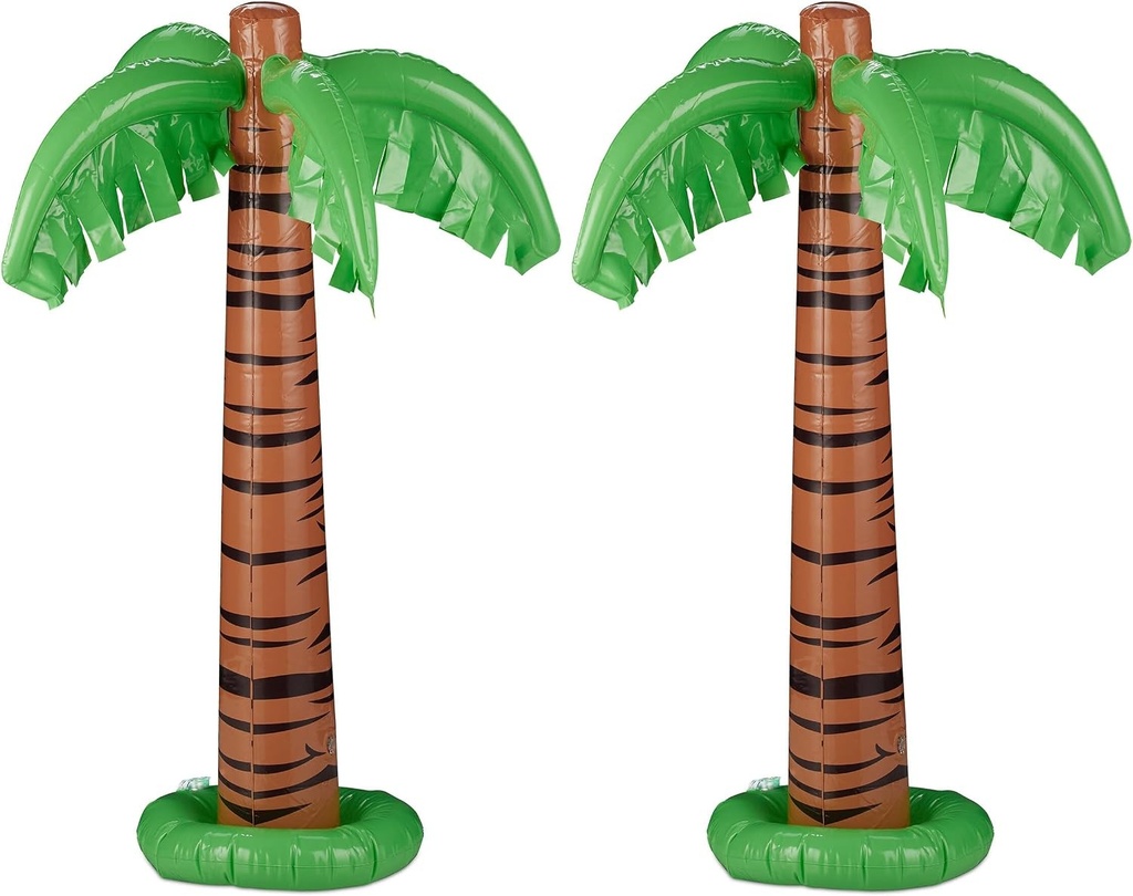 Palmier gonflabil Relaxdays, set de 2, decoratiuni pentru petrecere, piscina si plaja, palmier hawaian mare, inaltime 80 cm, palmier din plastic, verde-maro