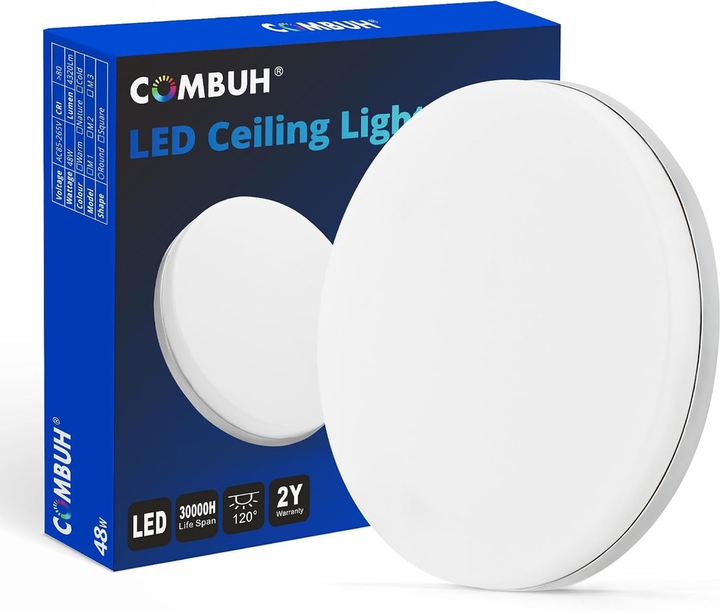 Lampa de tavan LED Combuh 30cm, lampa de tavan rotunda si plata de 48W 220V, iluminare interioara alb rece 6500K, IP44 impermeabila pentru baie, bucatarie, hol, spalatorie