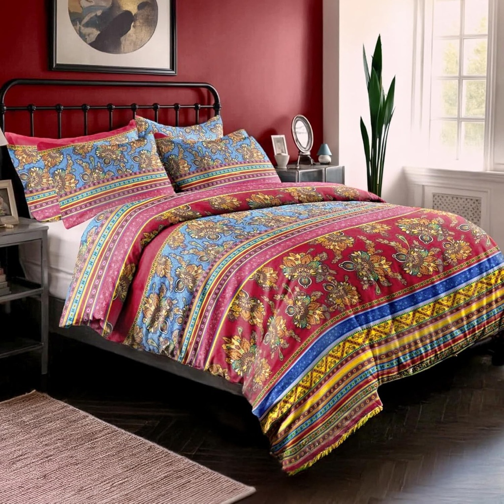 Set de lenjerie de pat Dreamzie Bohemian 135x200cm, 2 piese, huse de pilota, rosu, albastru, multicolor, cu fermoar, model indian bohemian, 80x80cm, fabricate din 100% microfibra - certificat Oeko-Tex