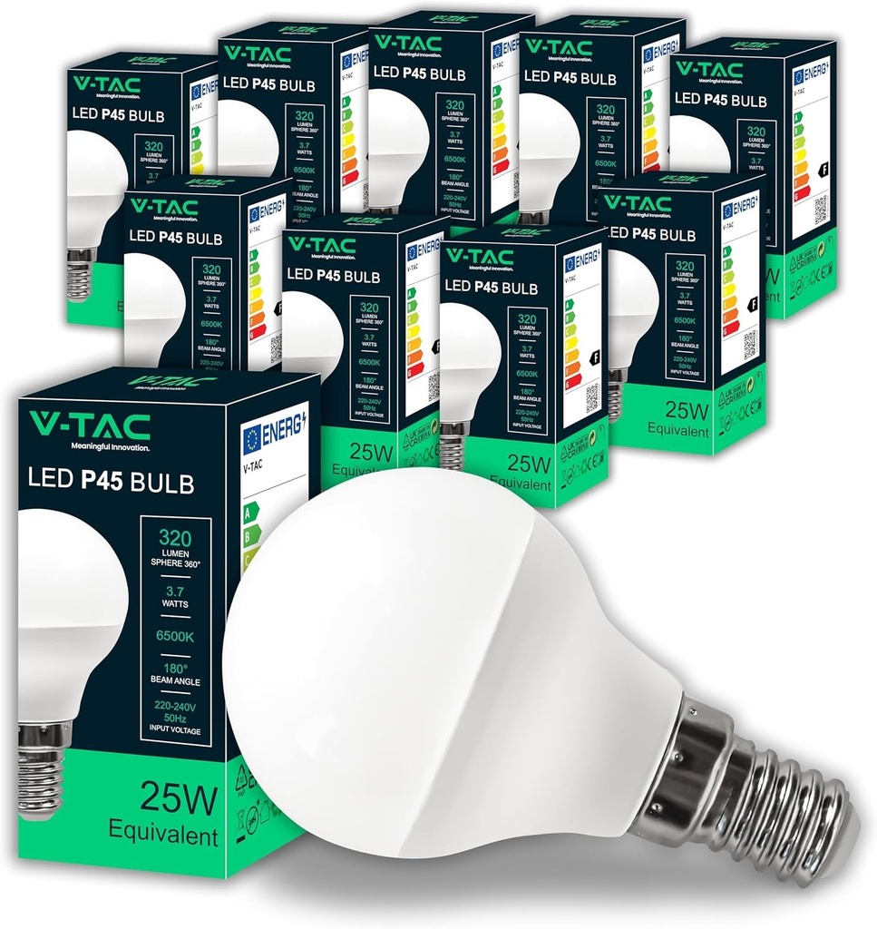 Becuri LED V-TAC 10x P45 - Eficienta energetica ridicata - E14 3,7W (echivalent 25W) - 320 lumeni - Unghi de fascicul 180° - Bec economic - Alb rece 6500K