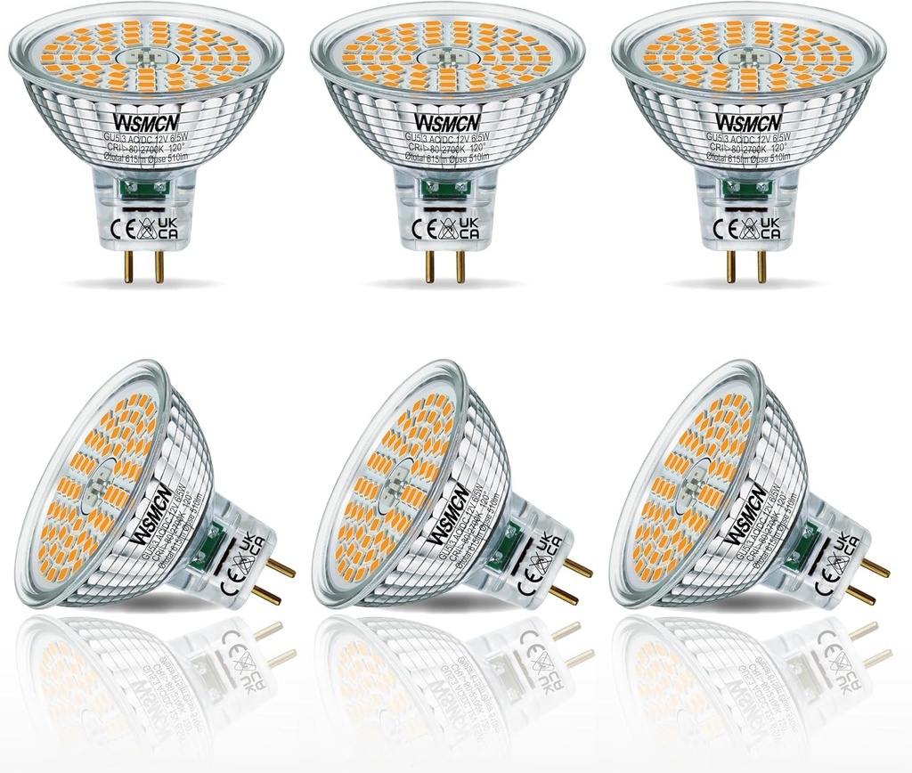 Becuri LED WSMCN MR16 GU5.3, alb cald, 2700K, echivalent 6.5W cu halogen 50W, soclu bi-pin 12V 615LM, nedimabile, unghi de fascicul de 120°, spot, pachet de 6