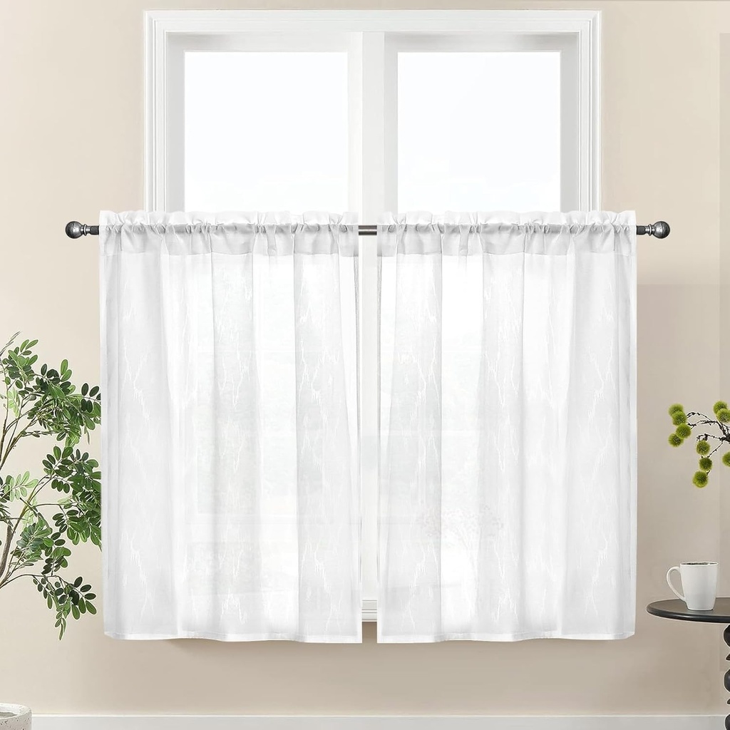 Perdele scurte de cafenea, Set de 2 perdele de bucatarie, Perdele de cafenea semitransparente, Perdea mica pentru bucatarie, Baie, Living, Bistro, Dormitor, Casa de la tara, Fereastra mica, Alb 65x90cm