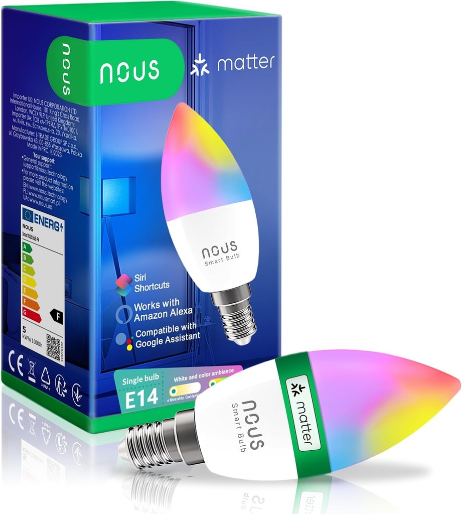 Bec inteligent NOUS P4 WiFi RGB E14, bec Matter WiFi, compatibil cu Alexa, lampa LED care isi schimba culoarea, aplicatie Smart Life/Tuya, WiFi 2.4GHz (AMBALAJUL POATE VARIA)