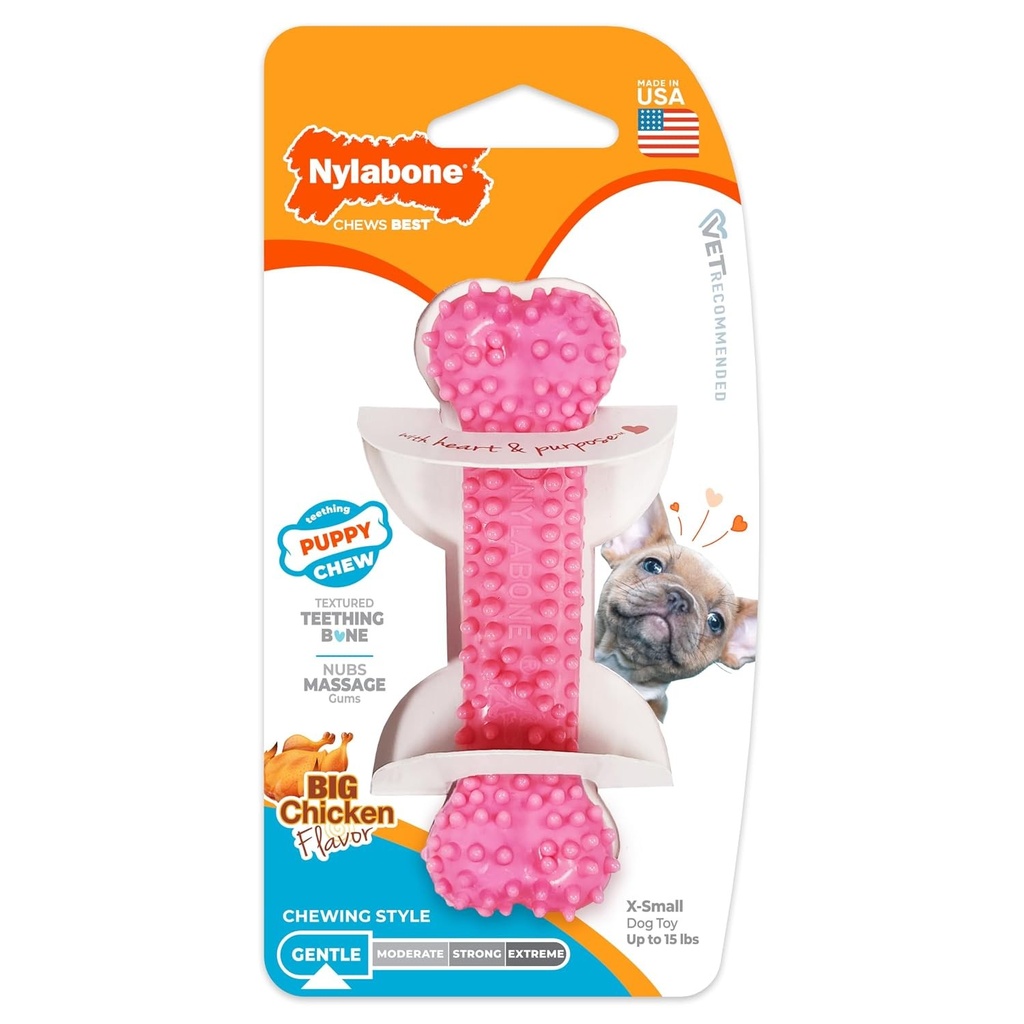 Nylabone | Gusta de mestecat pentru catei | Forma de os texturat | Roz | Aroma de pui | Pentru caini foarte mici sau catei (pana la 7 kg) | Gustari de mestecat moderate sau pentru primii dinti