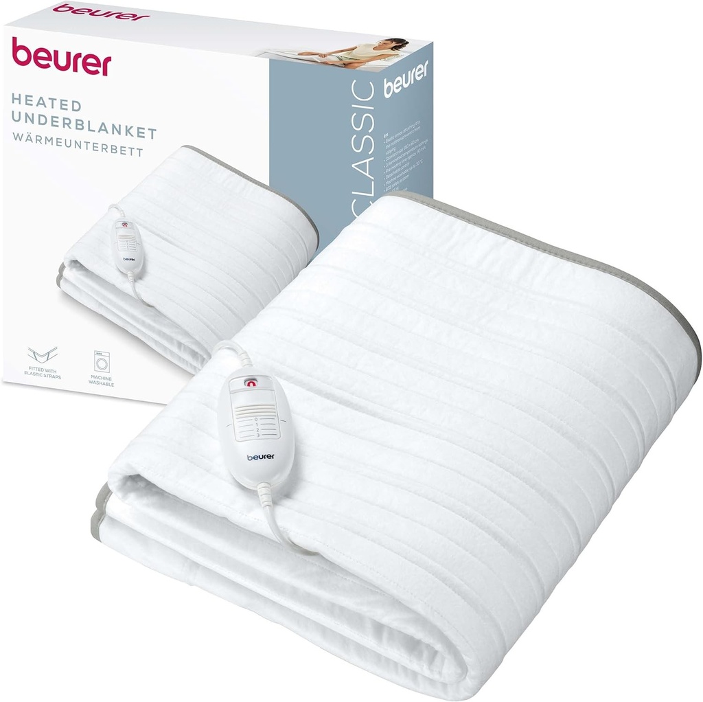 Saltea incalzita Beurer TS 17, material moale netesut, antiderapant cu benzi elastice, 3 setari de temperatura, 150x80cm, sistem de siguranta, comutator detasabil, lavabila