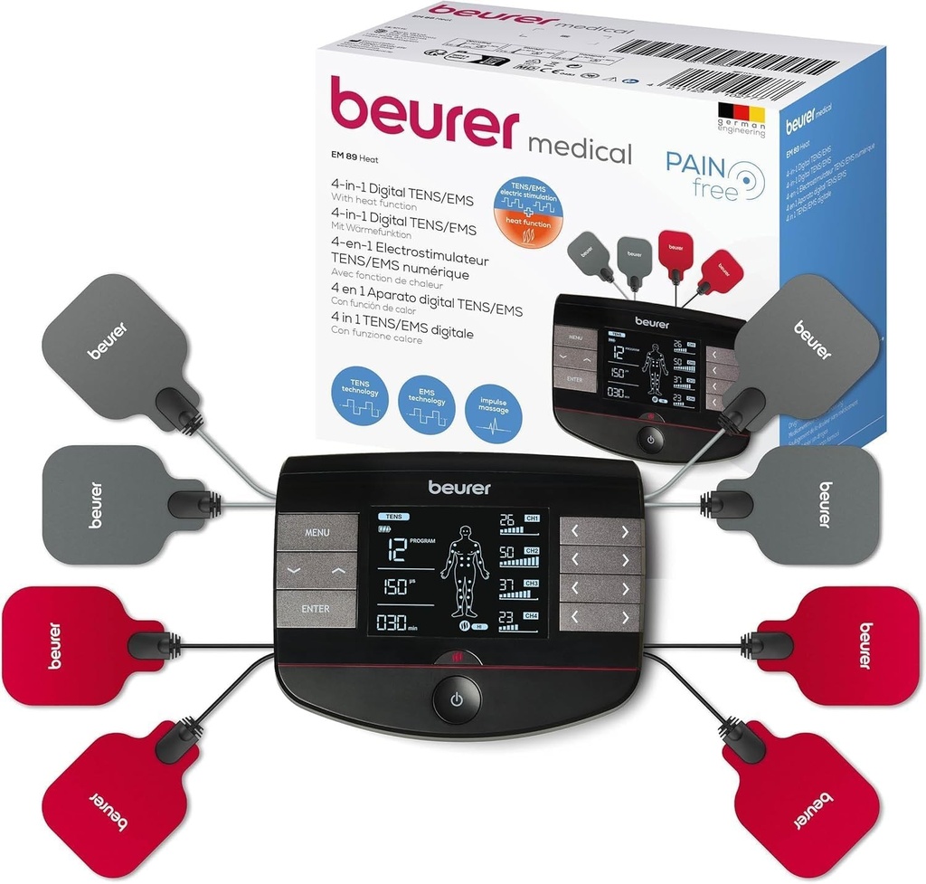 Aparat digital TENS/EMS Beurer EM 89 cu functie de caldura, functie 4 in 1 pentru terapia durerii, stimulare musculara, masaj si terapie termica, 4 canale reglabile separat, 8 electrozi si baterie reincarcabila