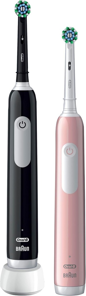 Periute de dinti electrice Oral-B Pro 3 2x pentru adulti, cadouri pentru femei/barbati, 2 manere si 2 capete de periuta de dinti cu actiune incrucisata, 3 moduri, albire a dintilor, mufa cu 2 pini, 3900, negru si roz