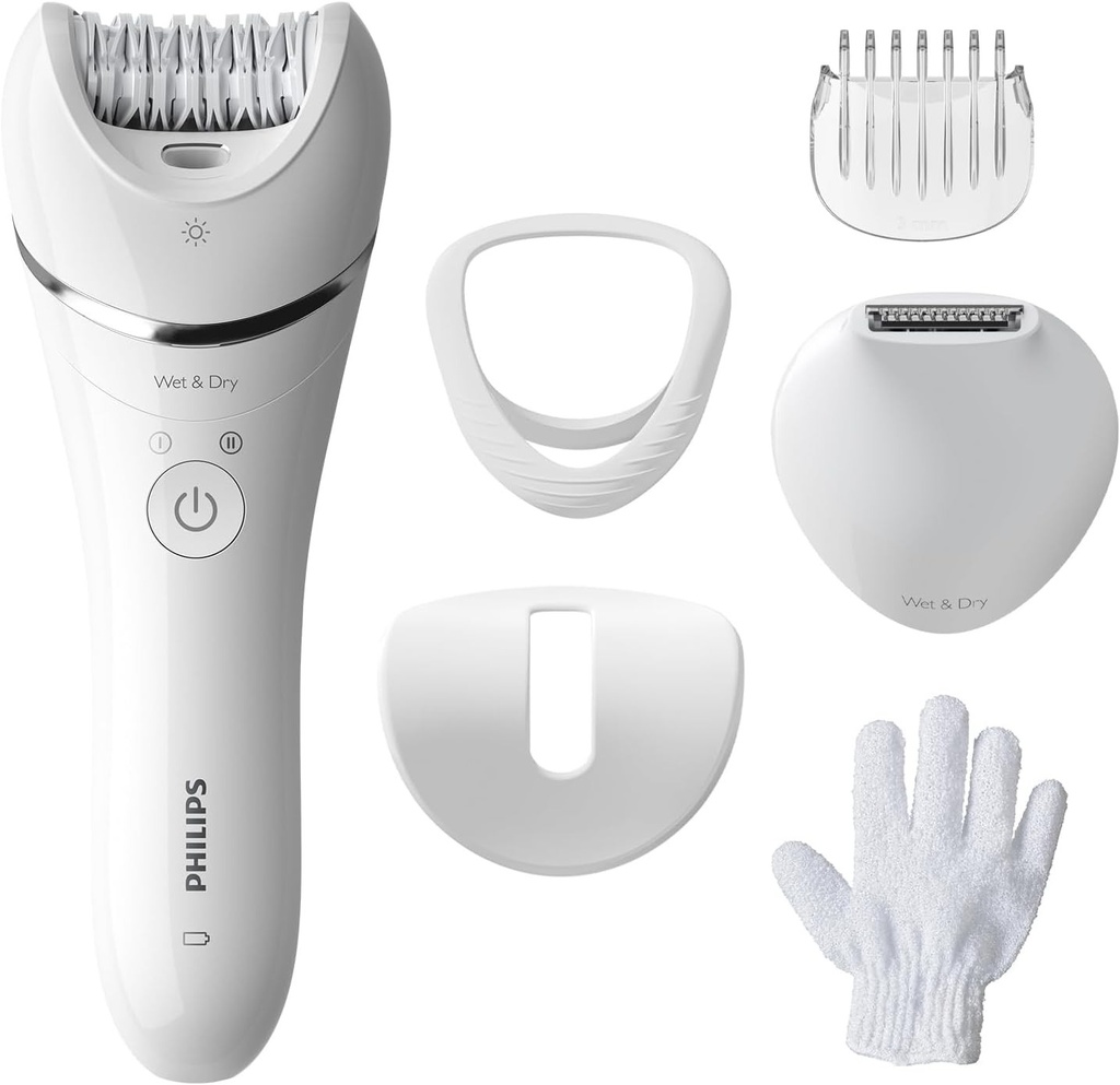 Epilator Philips seria 8000, epilator fara fir umed si uscat pentru picioare si corp, dispozitiv de indepartare a parului, cu 6 accesorii, model BRE715/00