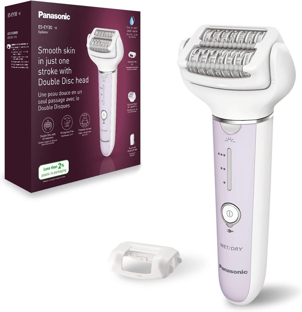 Epilator Panasonic ES-EY30 Wet/Dry pentru femei, disc dublu cu 60 de pensete, cap pivotant la 90°, 3 viteze si lumina LED, functionare 30 de minute, fara fir, epilator.