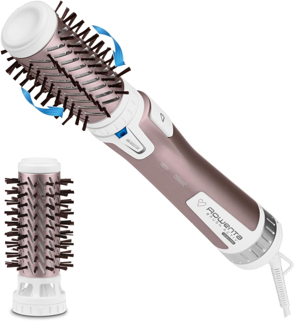 Perie rotativa cu aer cald Rowenta Brush Activ Premium Care, peri naturali pentru par stralucitor, invelis cu keratina din casmir, 2 accesorii de perie de 40 mm si 50 mm, 3 setari, perie pentru uscare cu foehnul, alba, CF9540