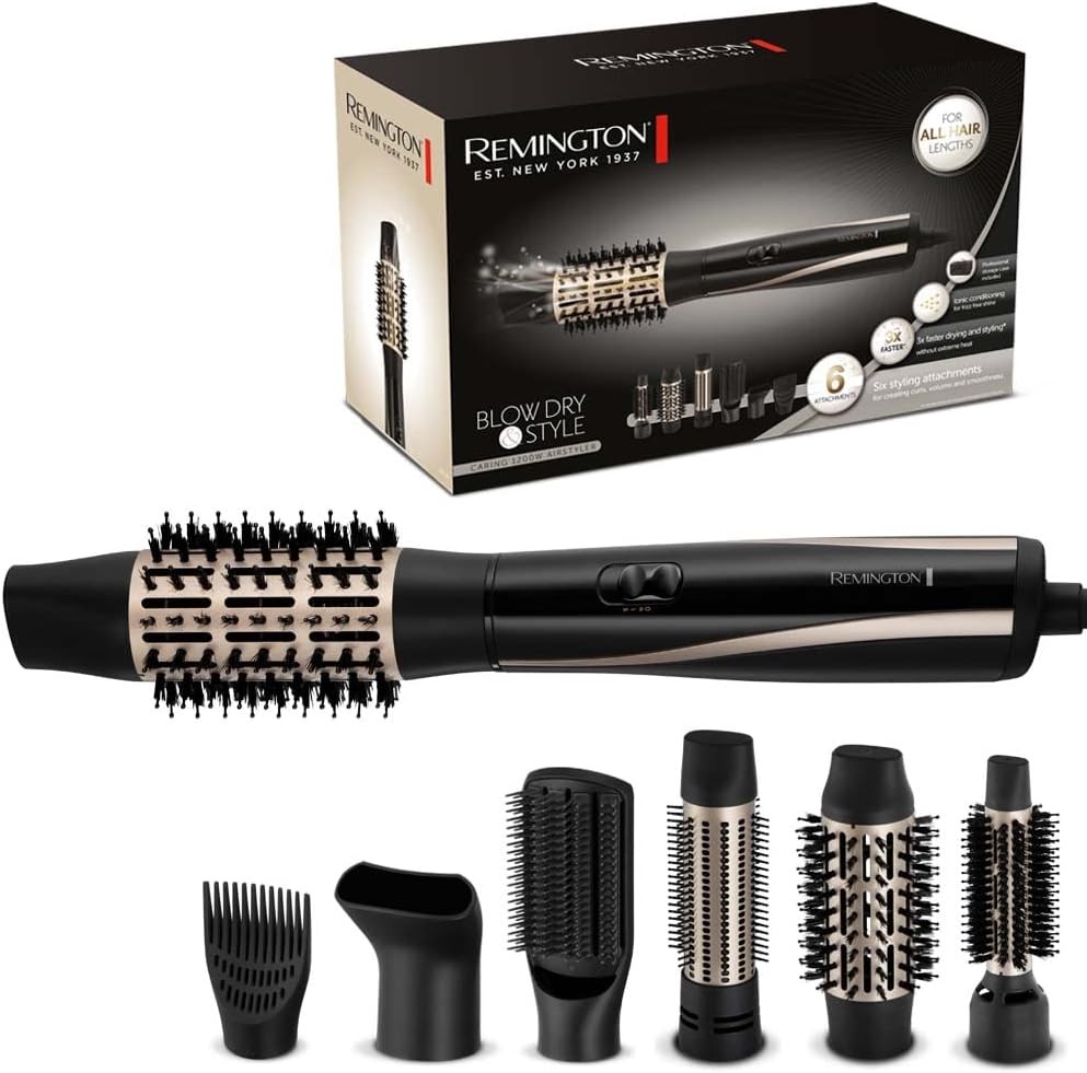 Perie de par Remington [include 6 accesorii 25, 38, 50 mm, perie de indreptat parul, duza pentru uscator de par] Uscator de par si coafat (perie cu aer cald si ondulator pentru toate lungimile de par, 1200 W) Uscator