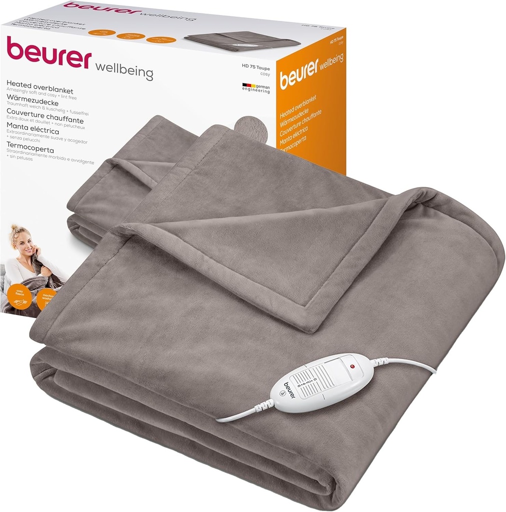 Patura electrica Beurer HD 75 Cosy cu dispozitiv electronic de termoreglare, 6 niveluri de temperatura si oprire automata dupa 3 ore, culoare taupe