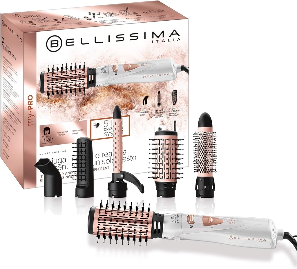 Perie pentru uscator de par Bellissima My Pro GH18 1100 - Uscare profesionala cu varfuri ceramice, sistem de uscare si coafare 5 in 1 - 2 combinatii de flux de aer/temperatura, pozitie Cool Fix Air