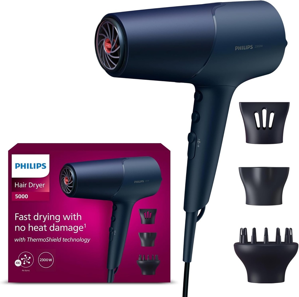 Uscator de par Philips seria 5000, tehnologie ThermoShield, functie de ionizare, 2300 W, albastru metalizat, cu duze de coafare de 9 mm si 11 mm, difuzor de volum, BHD510/20