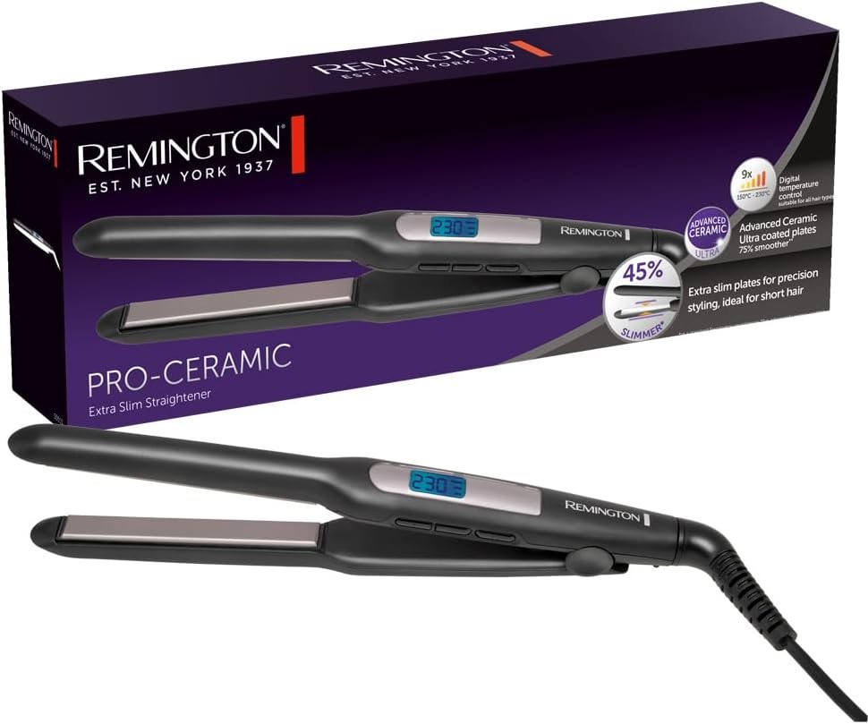 Placa de indreptat parul Remington [Placi extra inguste: Pentru par scurt, pixie, breton, barba si bucle mici] Placa de indreptat parul (Invelis ceramic Ultra-Pro, Afisaj LCD, 150-230°C) Placa de indreptat barba S5515