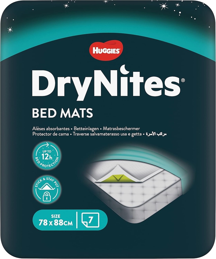 HUGGIES DryNites - 4 pachete a cate 7 saltele absorbante - saltele absorbante de unica folosinta - protectie 12 ore - potrivite pentru copii de toate varstele - protectie discreta - usor de transportat
