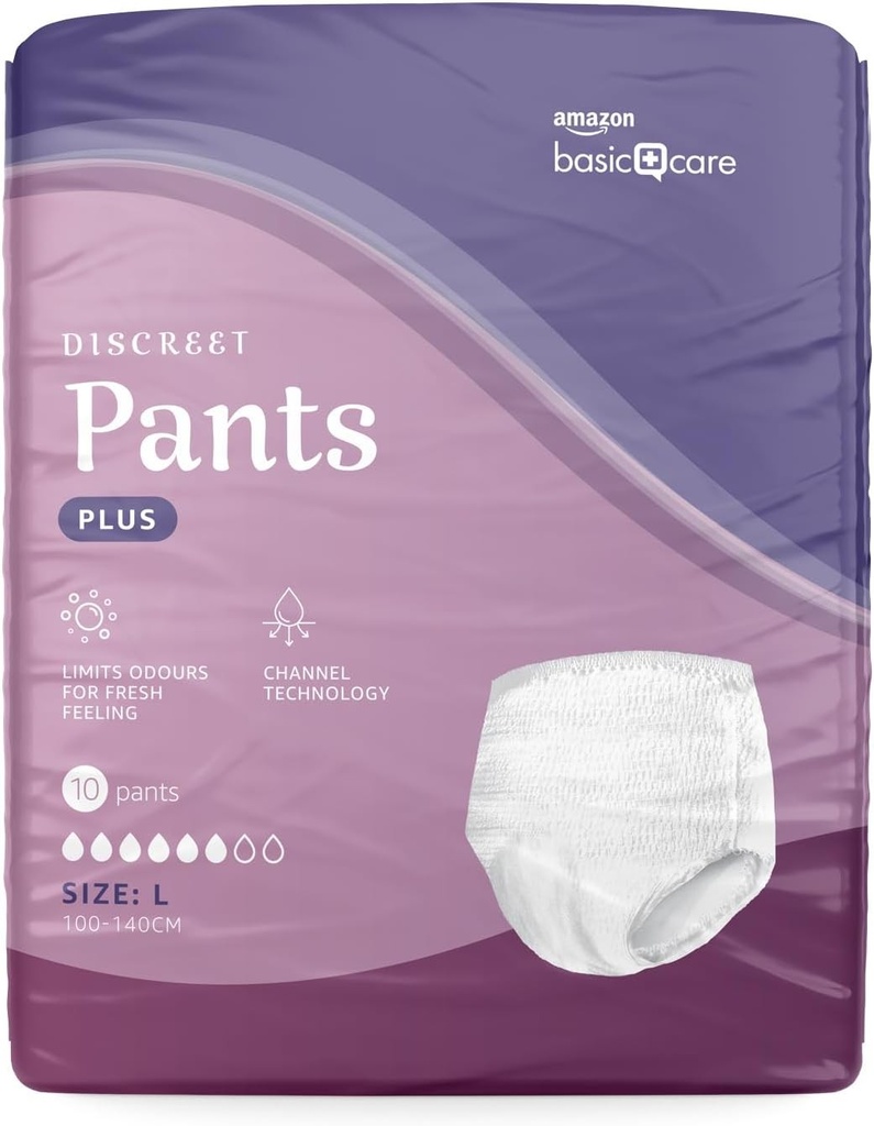 Amazon Basic Care Chiloti absorbanti pentru femei, marimea L Plus - 40 bucati (4 pachete a cate 10), albi