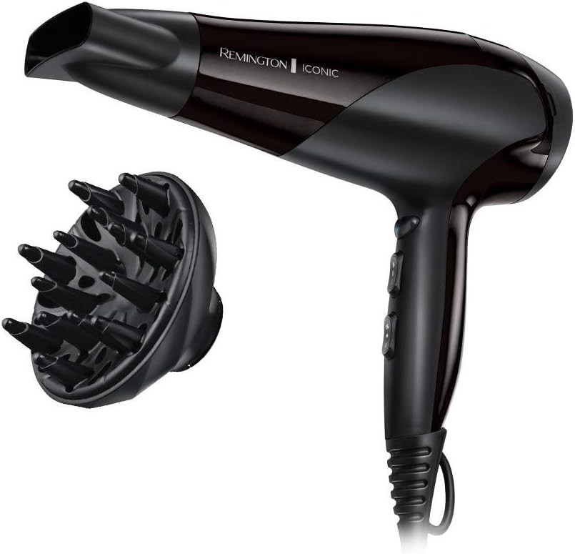 Uscator de par ionic Remington [Puternic si usor] Ionic Dry Negru (2200W, distributie delicata si uniforma a caldurii, 3 setari de temperatura/2 viteze, duza concentrator, difuzor) D3198