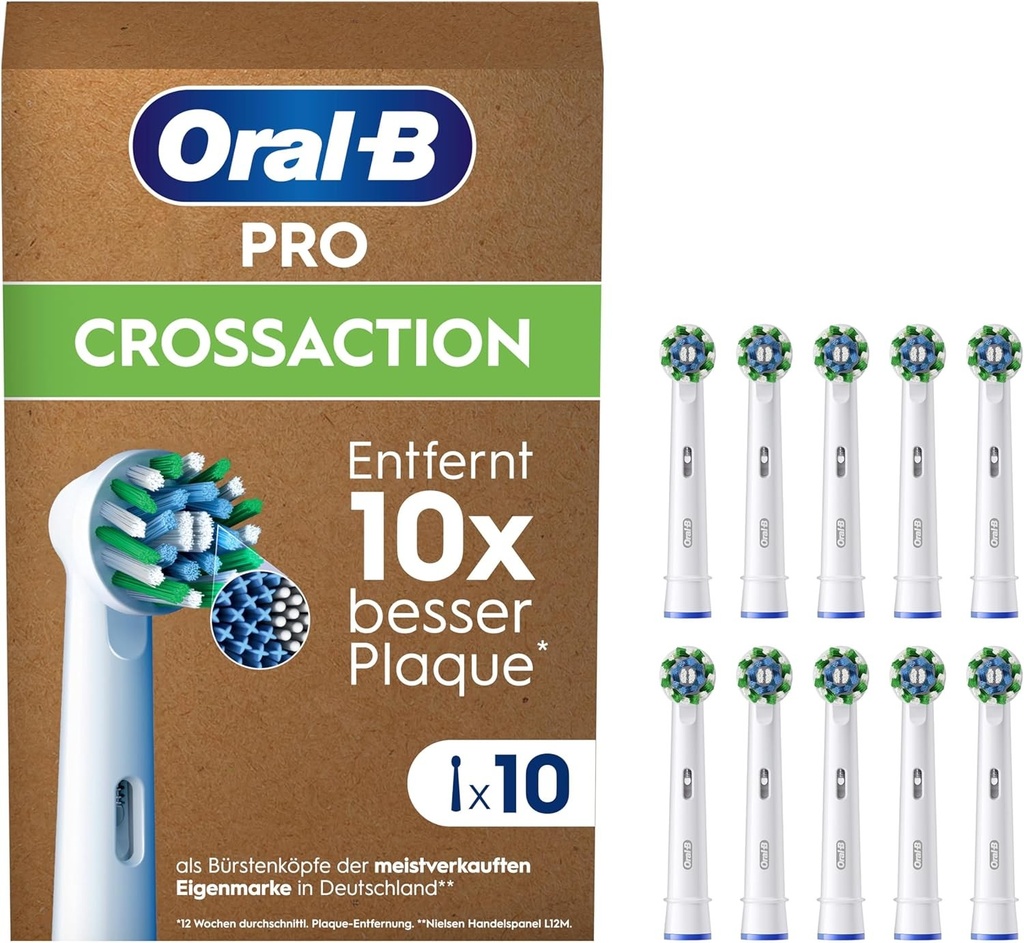Oral-B Pro CrossAction — Capete de periuta de rezerva ORIGINALE pentru periute de dinti electrice — Curatare superioara a dintilor, Capete de periuta de rezerva cu peri in forma de X, Cap de periuta de dinti, Ambalaj potrivit pentru cutiile postale — Alb, 10 buc.