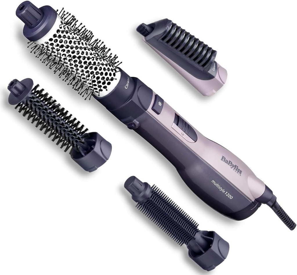Perie pentru uscator de par BaByliss Multistyler cu tehnologie ionica anti-incretire, tehnologie ceramica, 4 accesorii, negru, AS121E