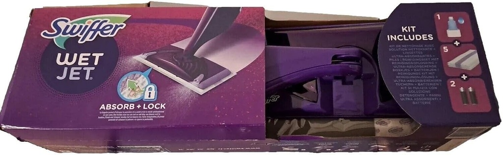 Kit de pornire Swiffer WetJet, sistem de pulverizare multifunctional pentru toate tipurile de podele, cu mop, solutie de curatare si lavete, indeparteaza murdaria persistenta fara reziduuri