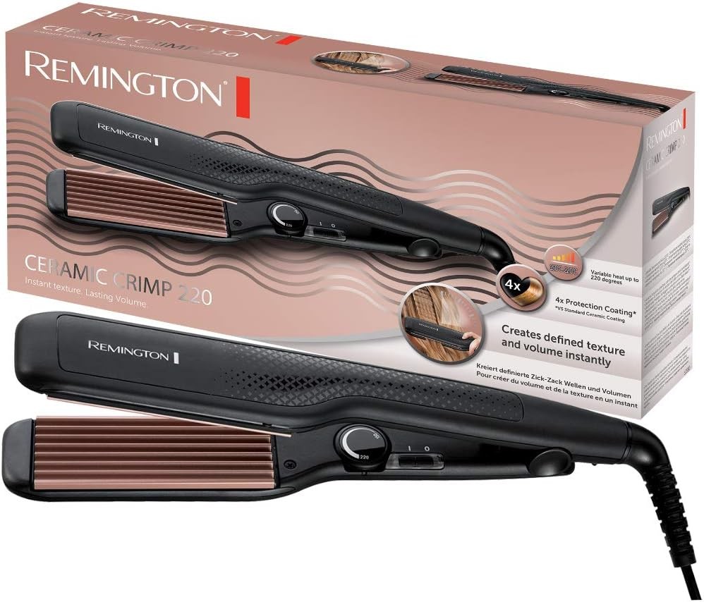 Sertizator Remington (37 mm), invelis ceramic-turmalina, 4x protectie pentru par, interval de temperatura 150-230°C, placi late, cablu rotativ de 1,8 m, husa inclusa, negru, sertizator ceramic S3580