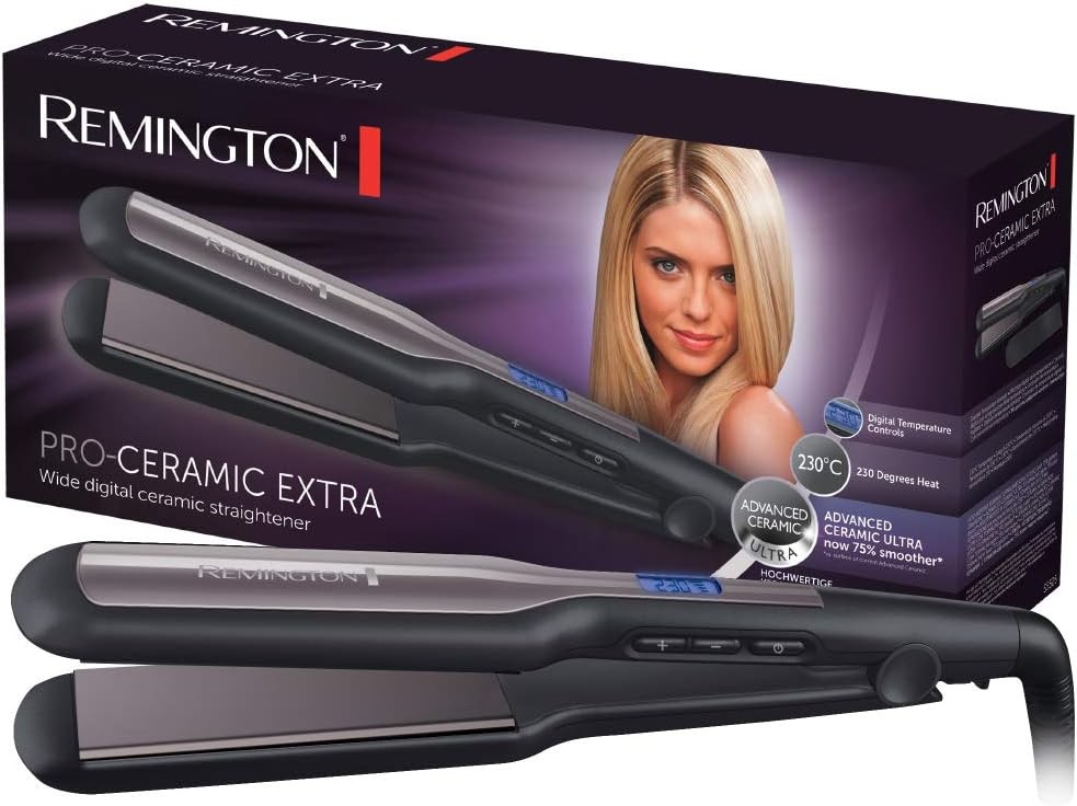 Placa de indreptat parul Remington [placi latime 45 mm] Pro-Ceramic Extra (Speciala pentru par gros, cret, ondulat si lung | Ceramica, ecran LCD, 150-230°C, husa) Placa de indreptat parul S5525