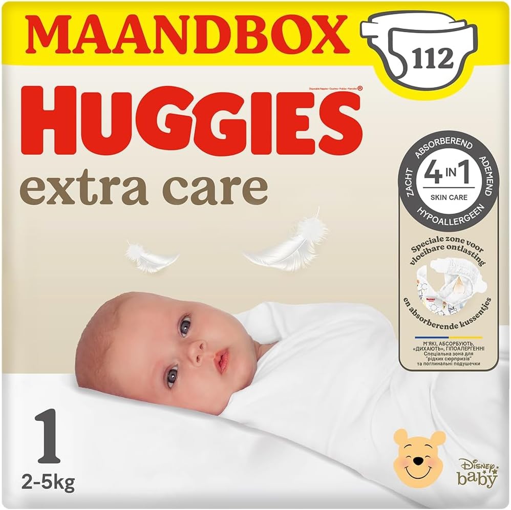 Scutece pentru bebelusi Huggies Extra Care - Marimea 1 (2 pana la 5 kg) - 112 scutece cu indicator de umiditate si modele Disney - Cutie lunara