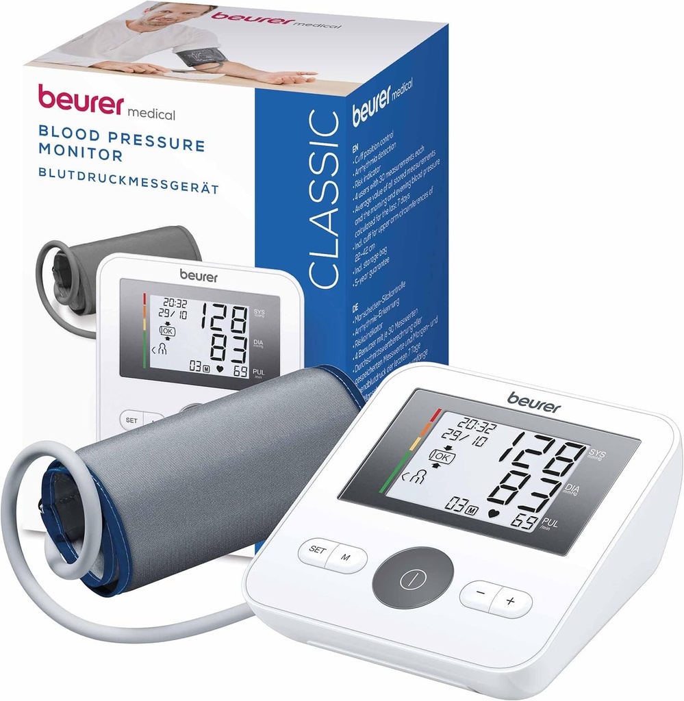 Tensiometru de brat Beurer BM 27 cu verificare a ajustarii mansetei, validat clinic, manseta pentru 22-42 cm, indicator de risc, detectarea aritmiei, transfer de date catre Apple Health si servicii similare.