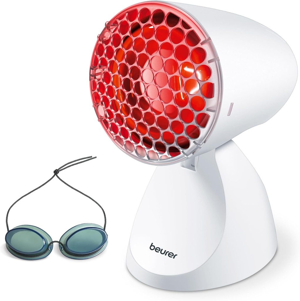 Lampa cu infrarosu Beurer IL 11 cu grila de protectie, dispozitiv medical cu caldura calmanta pentru utilizarea in tratarea racelilor si a tensiunii musculare, 5 setari de inclinare, inclusiv ochelari de protectie, alb