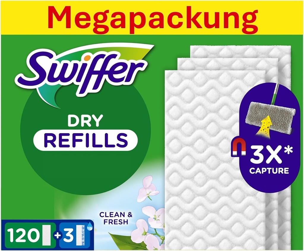 Rezerve Swiffer pentru mop uscat pentru podele, 120 de unitati, si rezerve umede pentru podele, 3 unitati, capteaza si retine praful