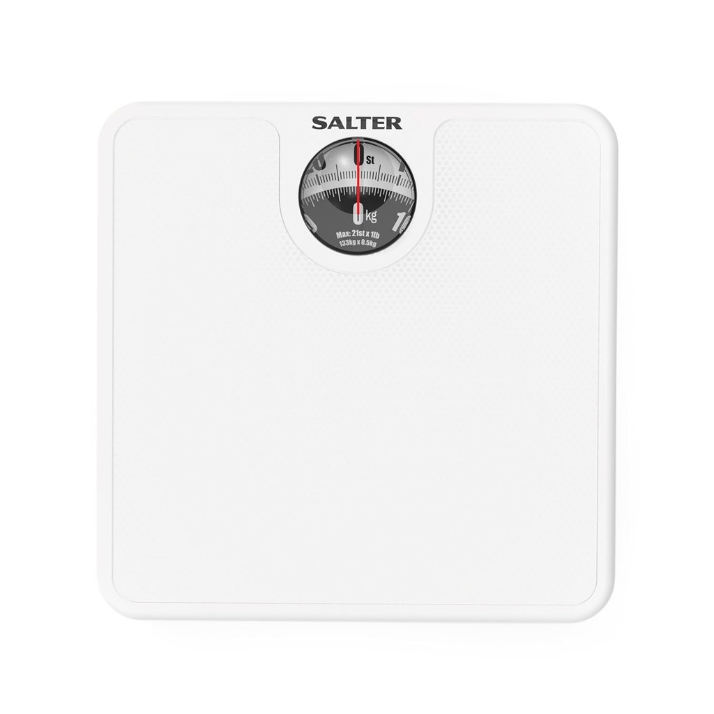 Cantar mecanic de baie Salter 489 WHDREU16 cu cadran mare, antiderapant, maxim 133 kg, usor de citit, lupa, podele dure/covor, trepte de 0,5 kg, fara baterii, alb