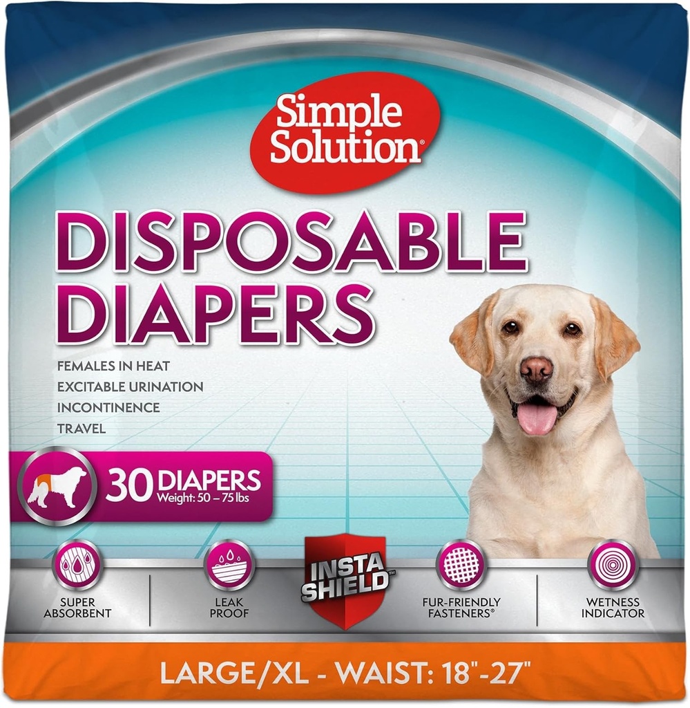 Scutece de unica folosinta Simple Solution True Fit pentru caini femele – Super absorbante cu indicator de umiditate – L/XL (Talie 45,7–68,6 cm) – 30 bucati