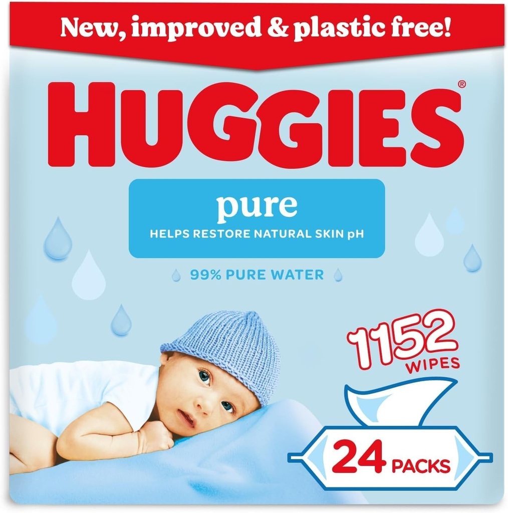 Servetele umede Huggies Pure Plastic Free pentru bebelusi – Servetele umede cu 99% apa, fara parfum, hipoalergenice, curatare mai buna, moi si blande cu pielea delicata a bebelusilor – Pachet de 24 (1152 servetele)