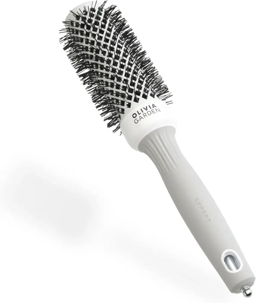 Olivia Garden Expert Blowout Shine – Alb si Gri - 35 - Perie rotunda, antistatica, din ceramica, pentru o periere stralucitoare si fara electrizare
