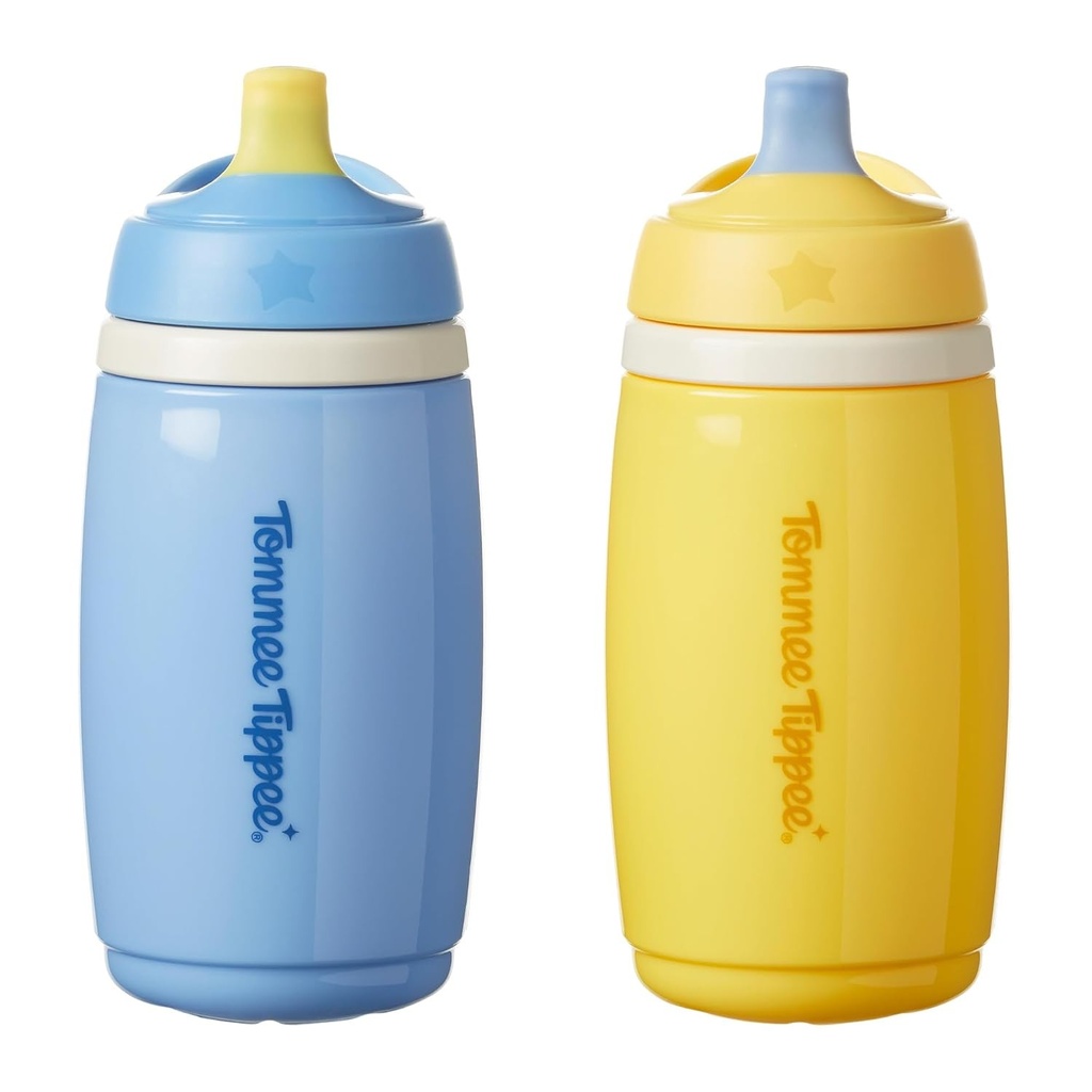 Tommee Tippee Cana Termica cu Cioc Activ, 266 ml, Sticla de Apa Anti-Scurgere pentru Copii de 12 Luni si Peste, Izolata pentru a Mentine Bauturile Rece, Albastra si Galbena, Pachet de 2