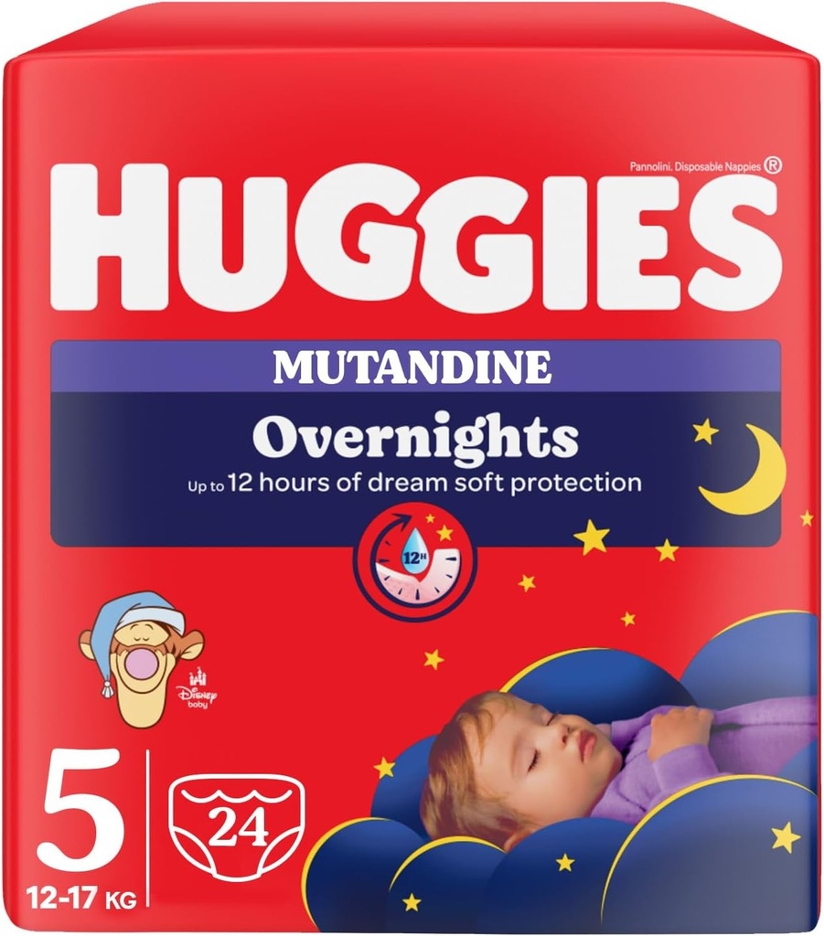 Scutece Huggies Overnight pentru baieti, marimea 5 (12-17 kg), absorbante pentru noapte, design Disney, pachet de 24