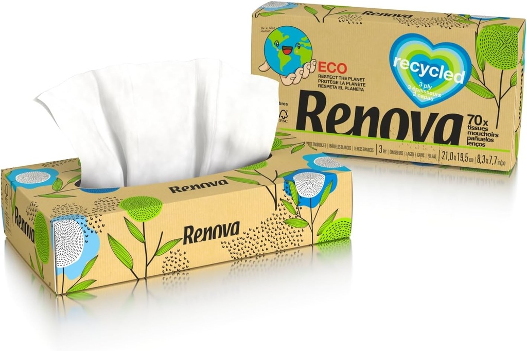 Servetele faciale Renova Renova Recycled | Cutie cu 70 de servetele | Hartie reciclata | Certificate FSC® si Ecolabel