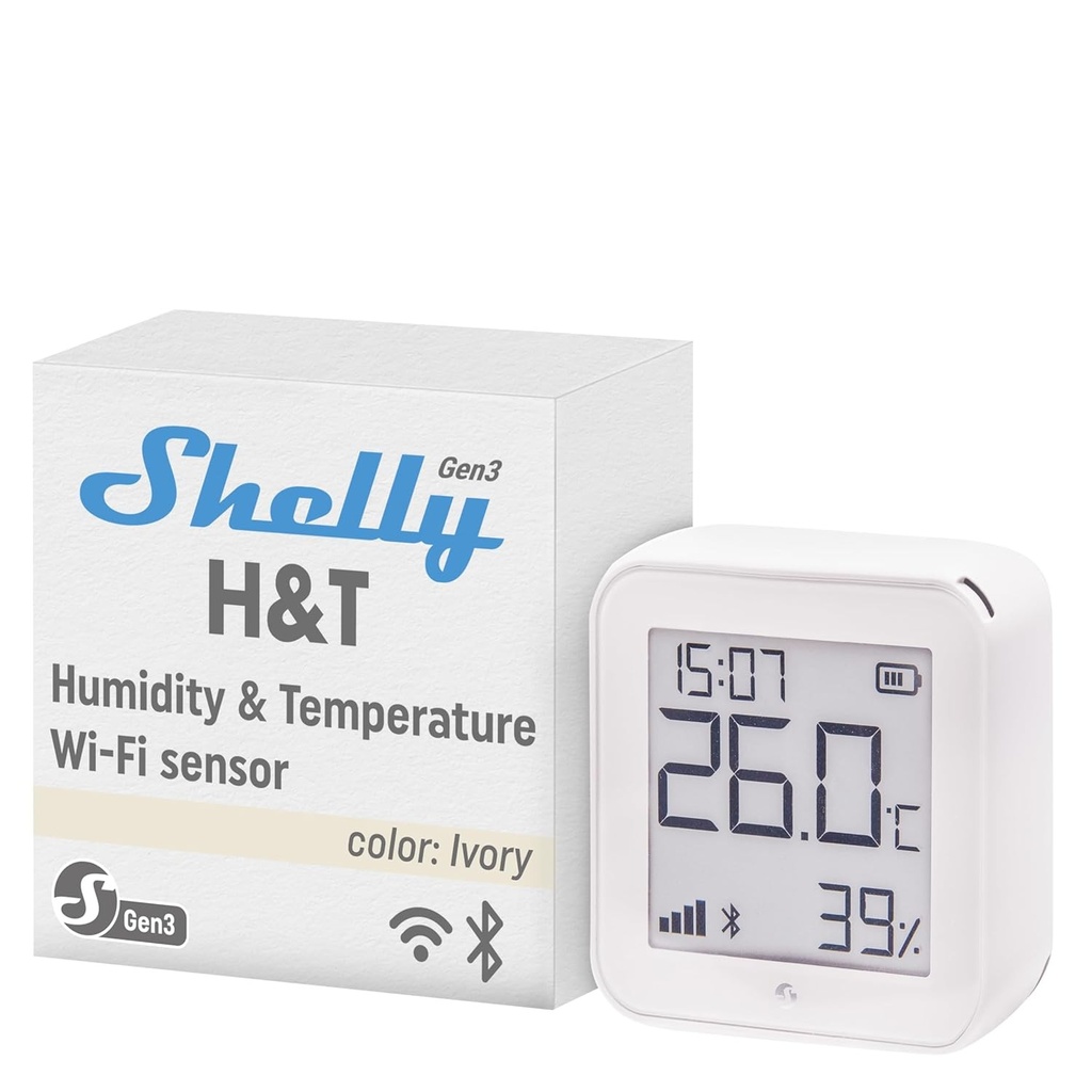 Shelly H&T Gen3 Ivory | Senzor inteligent de temperatura si umiditate Wi-Fi | Telecomanda | Scene inteligente | Notificari | Stocare date | Nu necesita hub | Alexa si Google Home